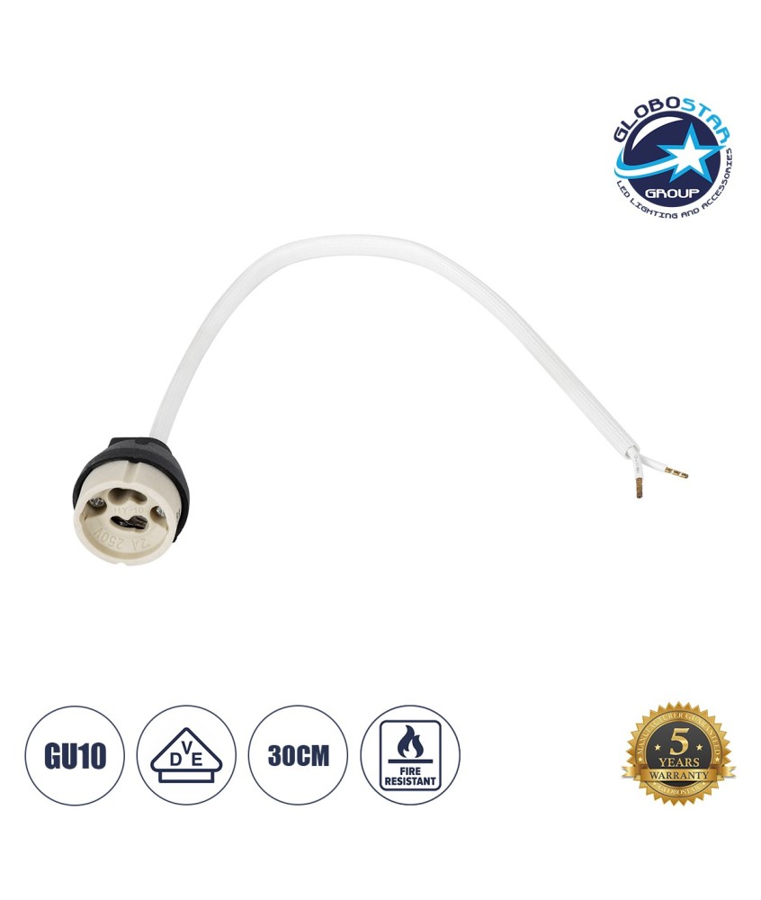 GloboStar® LAMPHOLDER 60499 Ντουί GU10 Πορσελάνης με 30cm VDE Καλώδιο & Anti-Fire Protection High Resistance Tube - ᐊVDEᐅ Certified - IP20 - Φ3.5 x Μ32cm - 5 Years Warranty